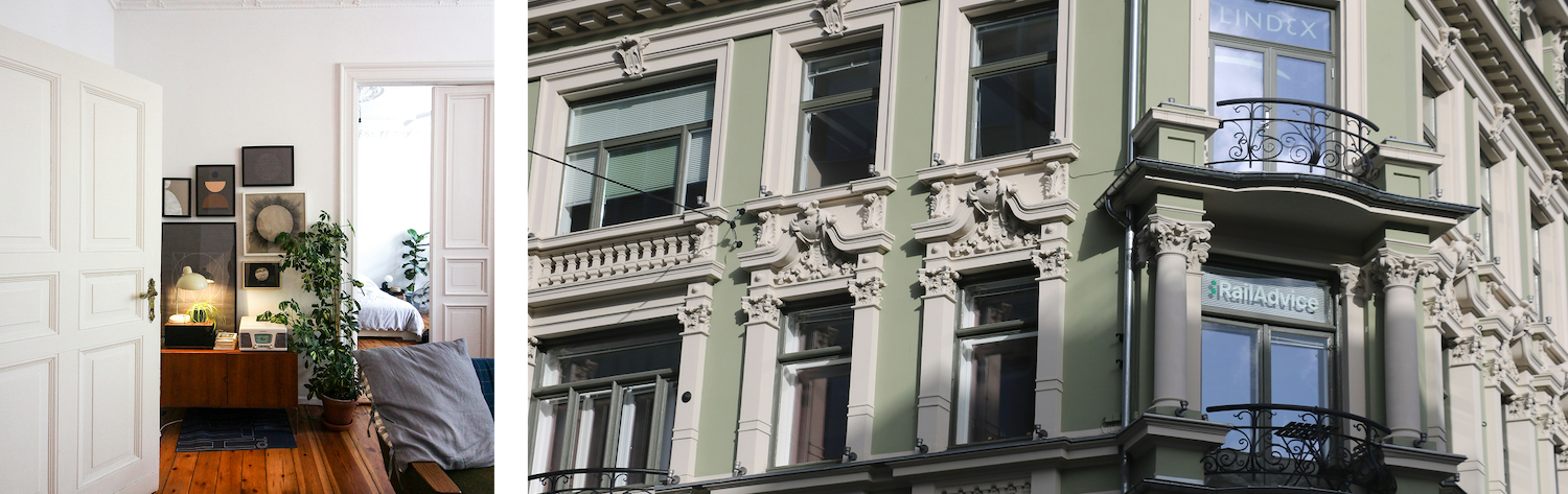 Innenraum eines Altbaus in Wien während der Sanierung, auch die historische Außenfassade ist teilweise zu sehen.