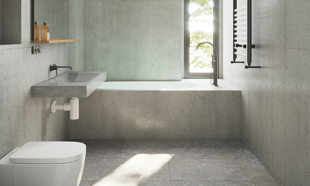 Modern saniertes Badezimmer mit begehbarer Dusche, großen Fliesen und eleganter Ausstattung